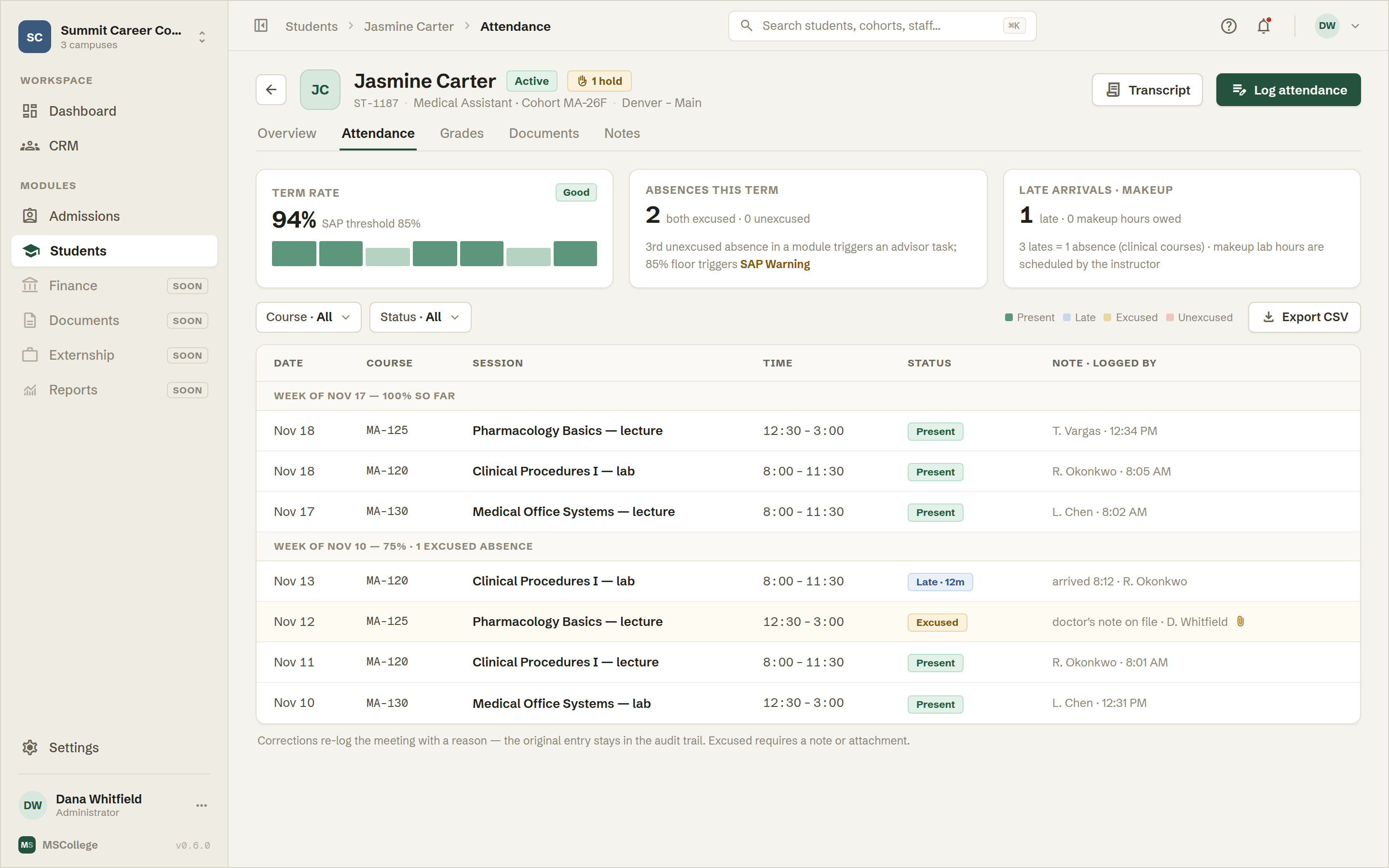 MS College — Registrar
